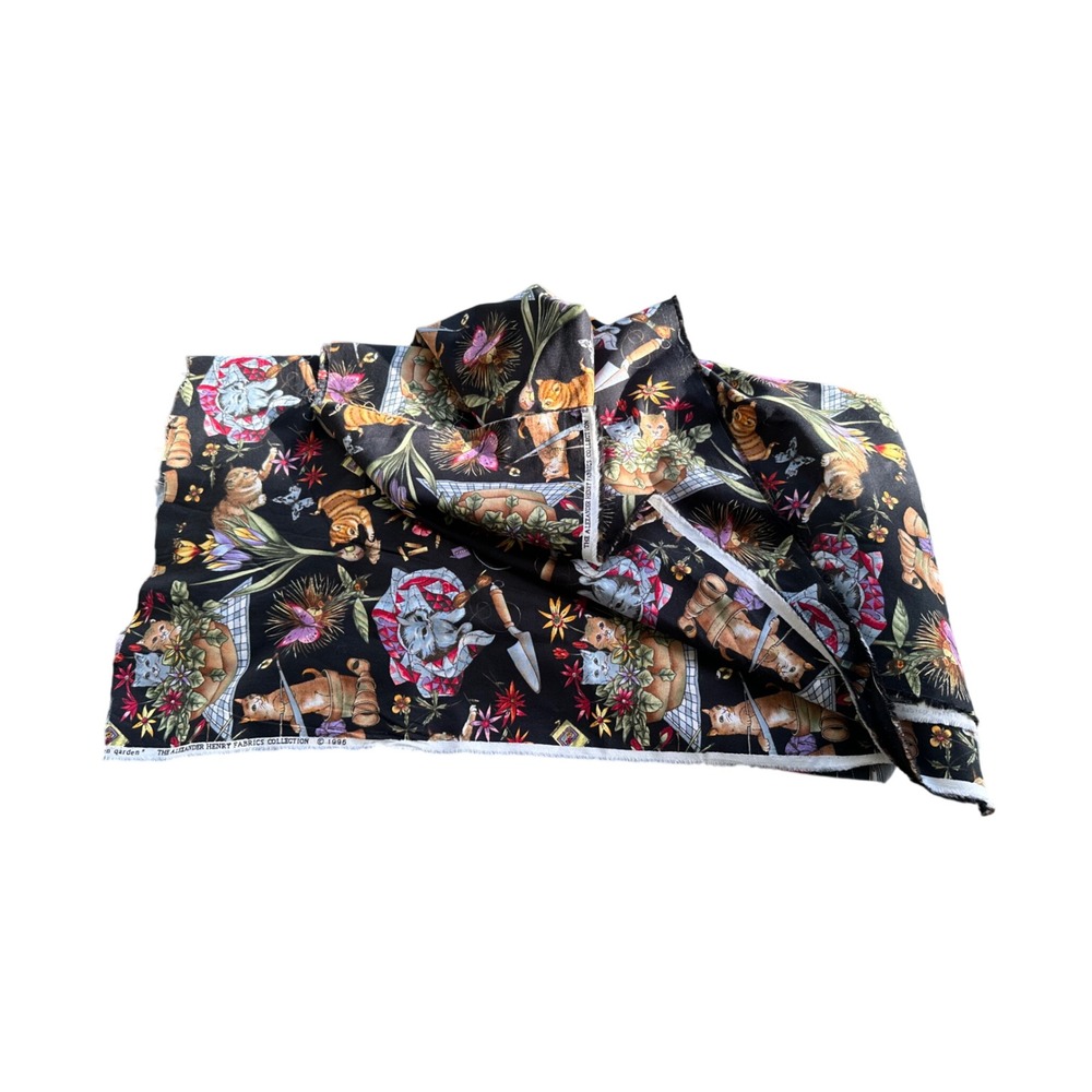 Vintage 1996 Alexander Henry In Garden Cat Fabric Remnant 24x20 Black Novelty